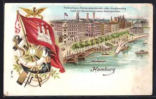 Lithographie Hamburg-Neustadt, Alsterarkaden-Reesendammbrücke, Alter Jungfernstieg u. neuer Alsterpavillon, Dampfer