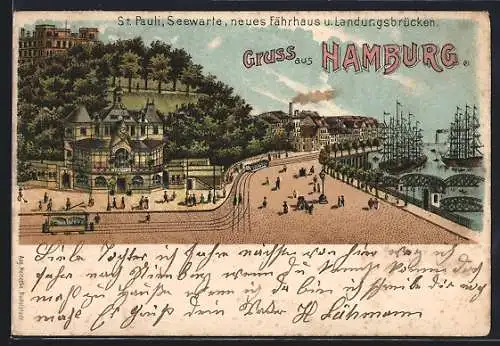 Lithographie Hamburg-St. Pauli, St. Pauli, Neues Fährhaus und Landungsbrücken, Strassenbahn