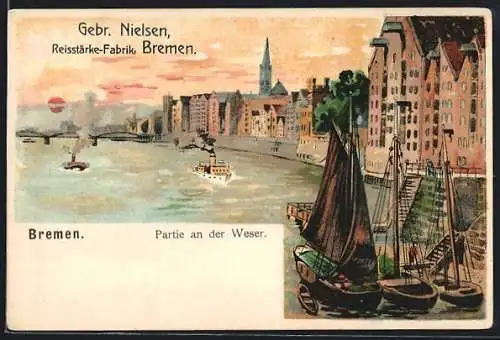 Lithographie Bremen, Partie an der Weser