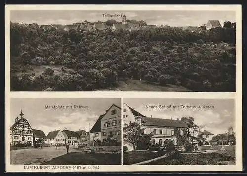 AK Alfdorf, Neues Schloss mit Rathaus u. Kirche, Marktplatz mit Rathaus