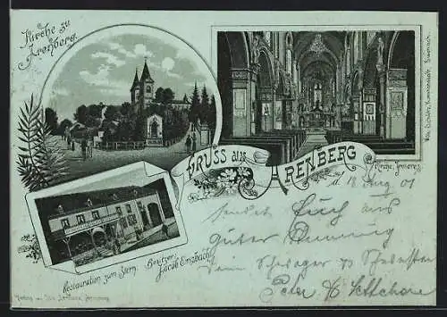 Mondschein-Lithographie Arenberg, Restaurant Zum Stern, Bes. Jacob Emsbach, Kirche