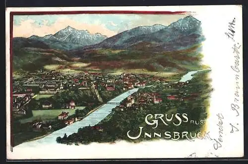 AK Innsbruck, Stadtsansicht mit Fluss und Berglandschaft