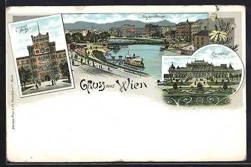 Lithographie Wien, Cursalon, Stefaniebrücke und Arsenal Portal