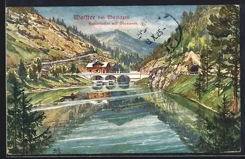 Künstler-AK Mariazell, Walster, Hubertussee mit Stauwerk