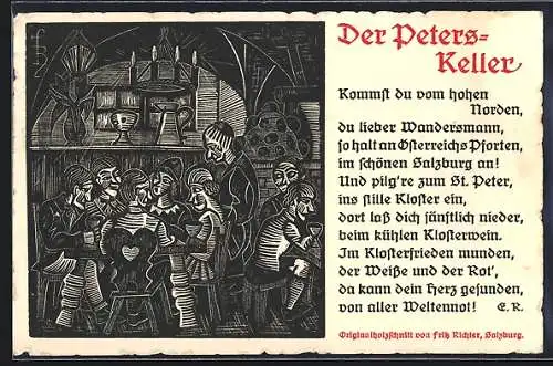 Künstler-AK Salzburg, Restaurant Peters-Keller, Holzschnitt