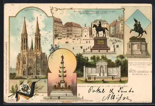 Lithographie Wien, Votiv Kirche, Denkmal Grillparzers