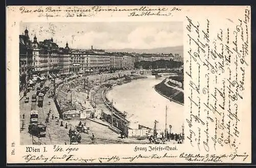 AK Wien, Franz Josefs-Quai mit Flusspartie und Strassenbahnen