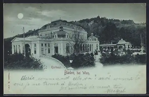 Mondschein-AK Baden bei Wien, Blick auf das Kurhaus
