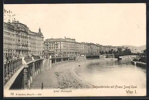 AK Wien, Hotel Metropol und Stefaniebrücke mit Franz Josef Quai