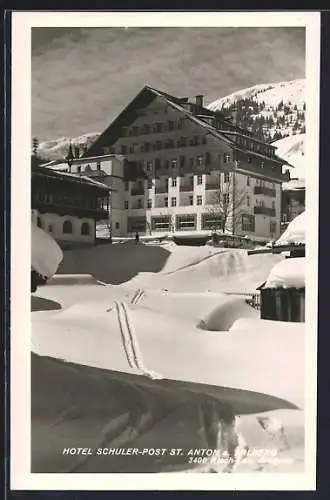 AK St. Anton a. Arlberg, Hotel Schuler-Post im Winter