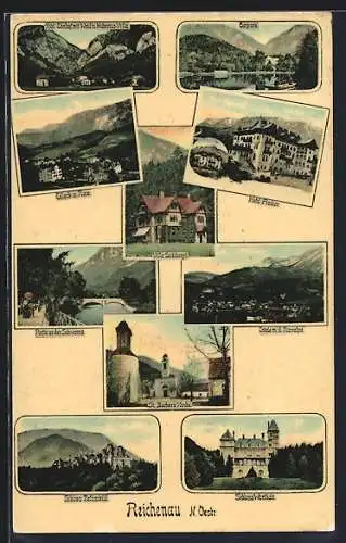 AK Reichenau, St. Barbara Kirche, Partie an der Schwarza, Schloss Wartholz