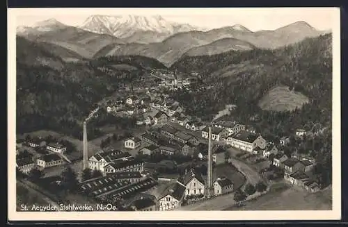 Künstler-AK St. Aegyden /N.-Oe., Ortsansicht mit den Stahlwerken