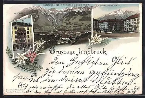 Lithographie Innsbruck, Das Goldene Dachl, Margarethenplatz, Ortsansicht v. d. Sillschlucht