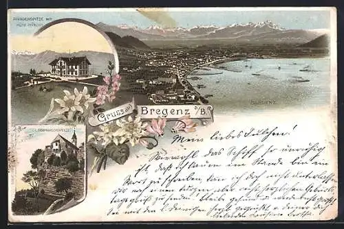 Lithographie Bregenz, Hotel Pfänder mit Pfänderspitze, St. Gebhardskapelle, Gesamtansicht