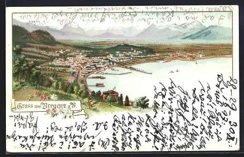 Lithographie Bregenz, Totalansicht aus der Vogelschau