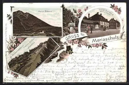 Lithographie Schottwien /N.-Oe., Mariaschutz, Ortsansicht, Hotel Bellevue, Sonnwendstein