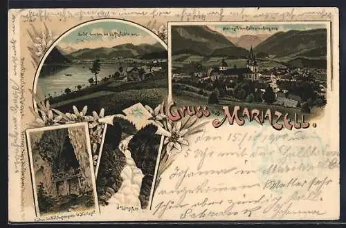 Lithographie Mariazell, Erlaf-See von der Stiftshütte aus, Balkon der Höhlensteingrotte, Lassingfall