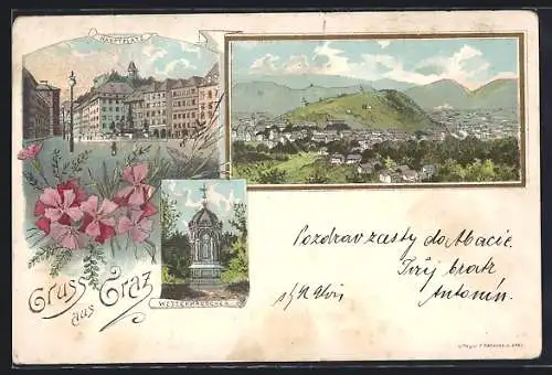 Lithographie Graz, Gesamtansicht, Hauptplatz, Wetterhäuschen