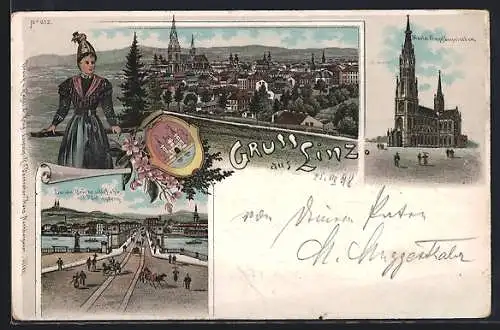 Lithographie Linz, Teilansicht, Maria Empfängnisdom, Donau Brücke und Urfahr mit Pöstlingsberg