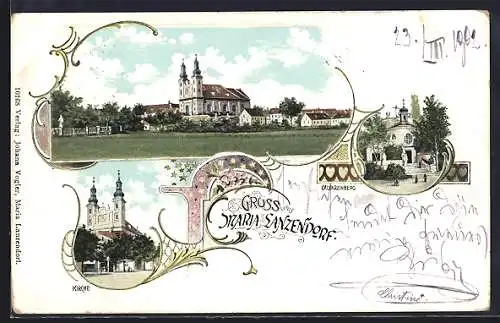 Lithographie Maria Lanzendorf, Ortsansichten mit Kirche, Calvarienberg