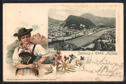 Lithographie Salzburg, Totalansicht vom Elektr. Aufzug, Frau in Tracht im Passepartout