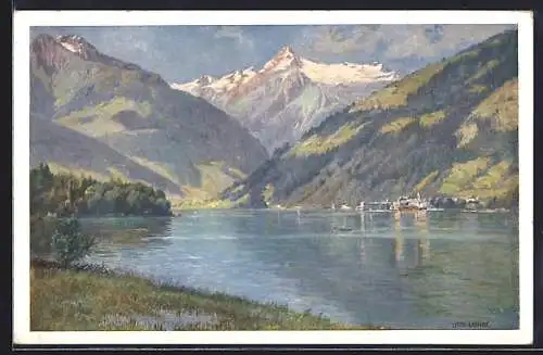 Künstler-AK Zell am See, Blick auf den Ort mit Kitzsteinhorn