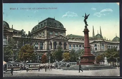 AK Wien, Universität mit Liebenberg-Denkmal, Strassenbahn