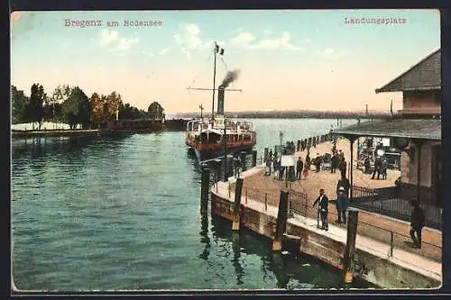 AK Bregenz / Bodensee, Dampferankunft am Landungsplatz