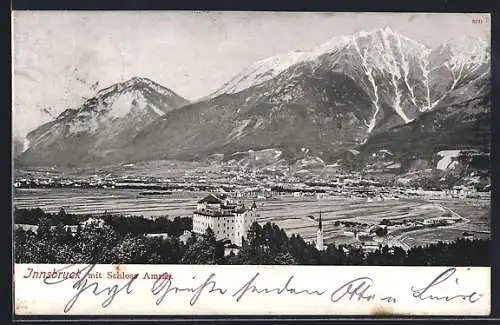 AK Innsbruck, Blick auf die Stadt mit Schloss Amras