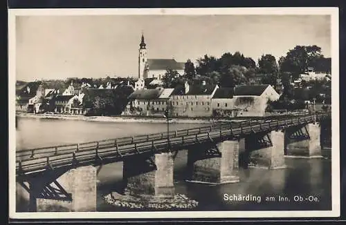 AK Schärding am Inn, Uferpartie mit Kirche und Brücke
