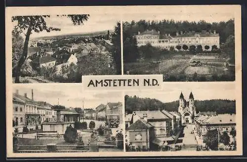 AK Amstetten /N. D., Strassenpartie mit Kirche, Brunnen, Gebäudeansicht