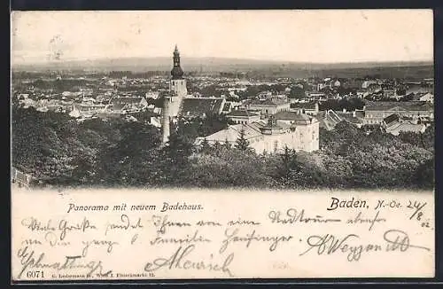 AK Baden /N.-Oe., Panorama mit neuem Badehaus