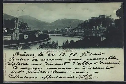 Mondschein-AK Salzburg, Teilansicht mit Festung