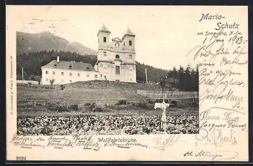 AK Maria-Schutz am Semmering, Wallfahrtskirche und Feld mit Vogelscheuche