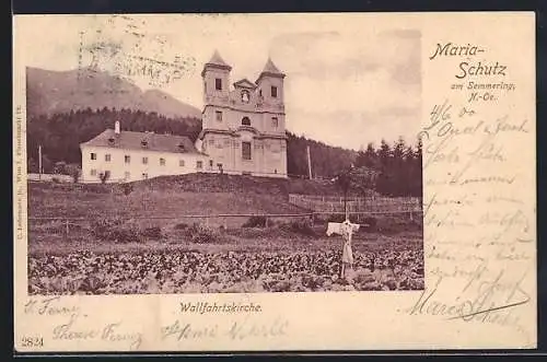 AK Maria-Schutz am Semmering, Wallfahrtskirche und Feld mit Vogelscheuche