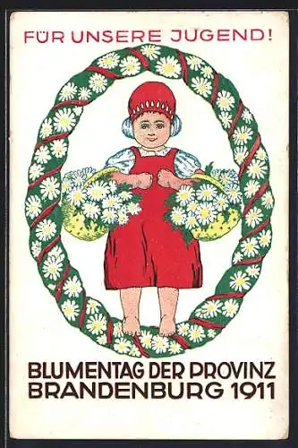 AK Brandenburg / Havel, Blumentag der Provinz 1911, Für Unsere Jugend!, Mädchen im Kranz