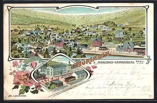 Lithographie Manebach-Kammerberg, Ortsansicht aus der Vogelschau