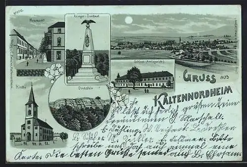 Mondschein-Lithographie Kaltennordheim, Neumarkt, Kriegerdenkmal, Schloss