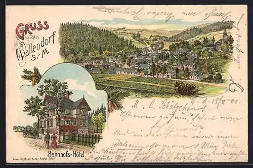 Lithographie Wallendorf / S.-M., Bahnhofs-Hôtel, Teilansicht