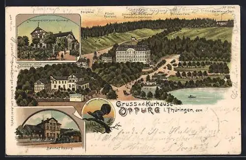 Lithographie Oppurg i. Thüringen, Bahnhof, Kurhaus Hotel Schlossgarten
