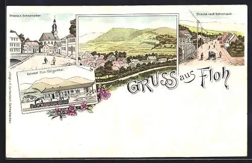Lithographie Floh, Bahnhof, Strassenpartien, Ortsansicht