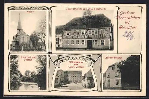 AK Henschleben b. Straussfurt, Gastwirtschaft Otto Engelhardt, Mühlenwerke Gebr. Conrad