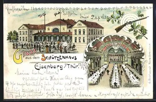 Lithographie Eisenberg i. Thür., Schützenhaus mit Saal