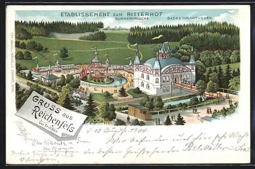 Lithographie Reichenfels, Etablissement zum Ritterhof, Fahnen