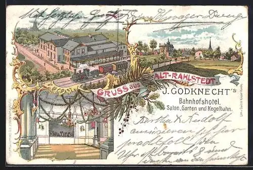 Lithographie Hamburg-Rahlstedt, Bahnhofshotel J. Godknecht, Aussen- u. Innenansicht, Eisenbahn