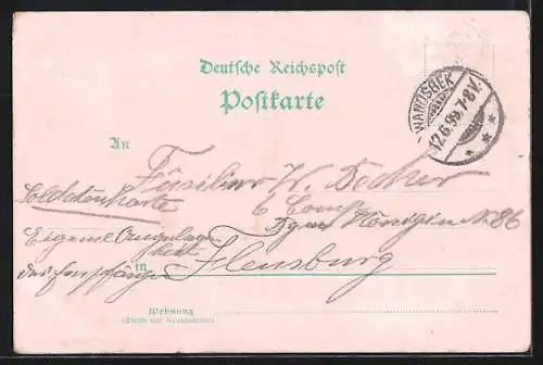 Lithographie Hamburg-Rahlstedt, Bahnhofshotel J. Godknecht, Aussen- u. Innenansicht, Eisenbahn