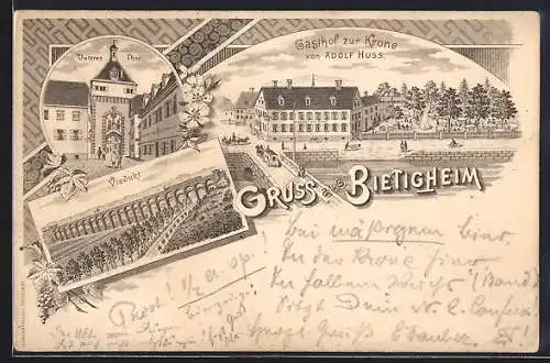 Lithographie Bietigheim / Enz, Gasthaus zur Krone, Viadukt, Unteres Thor
