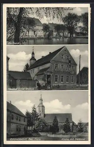 AK Eckmannsdorf, Gasthof Ernst Möbius, Kirche mit Denkmal
