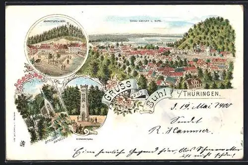 Lithographie Suhl i. Thüringen, Marktplatz mit Berg, Bismarckturm, Ortsansicht