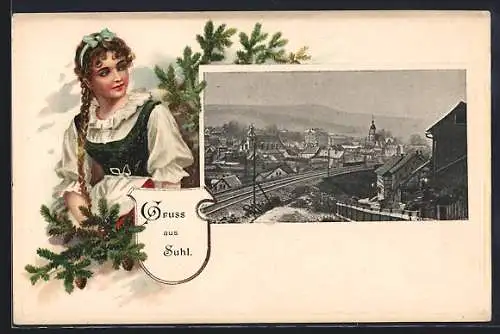 Passepartout-Lithographie Suhl, Ortsansicht aus der Vogelschau, Mädchen in Tracht
